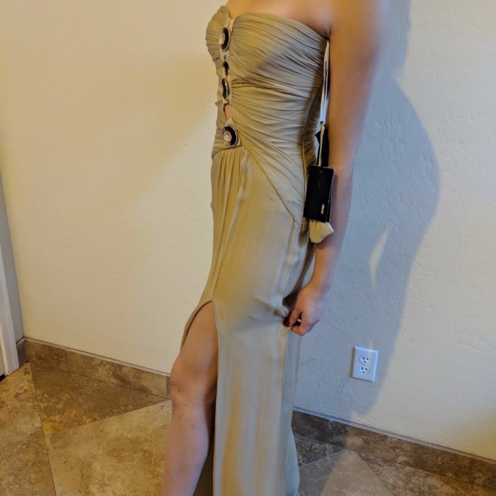 VERSACE SILK EMBELLISHED STRAPLESS GOWN US4